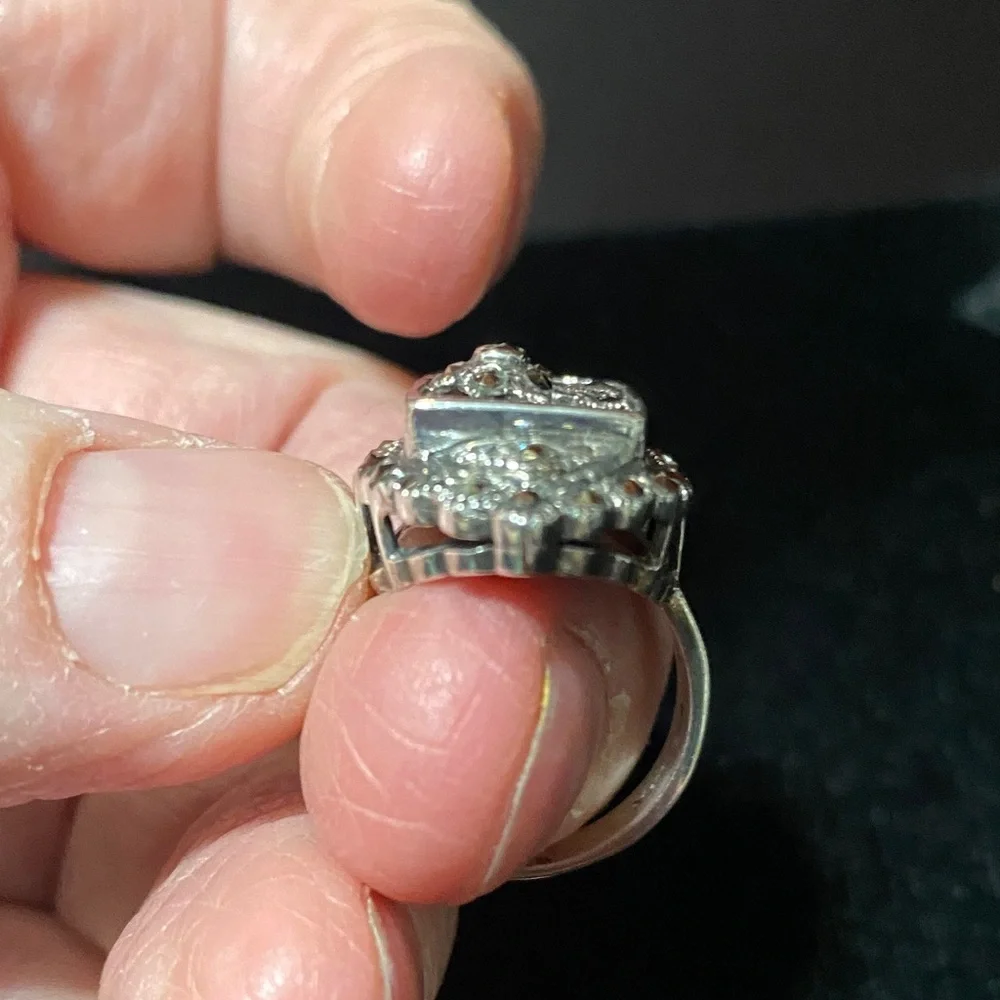 Vintage 925 MR sterling silver onyx gemstone marcasite Floral Ring